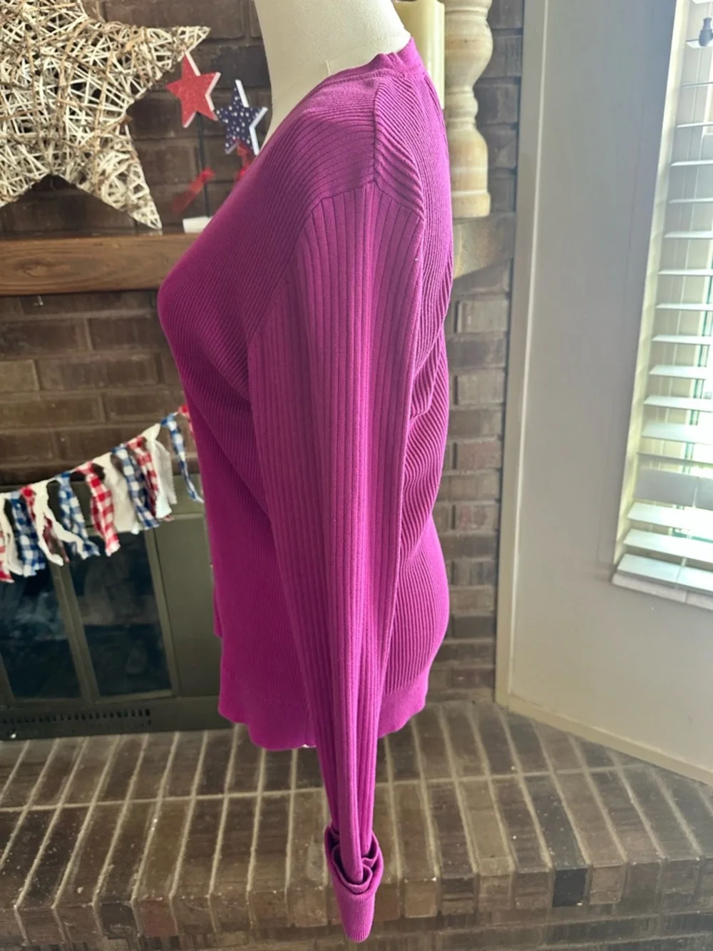Tory Burch 100% Cotton Ribbed Knit Cardigan Magenta  L Gold Logo Buttons Preppy